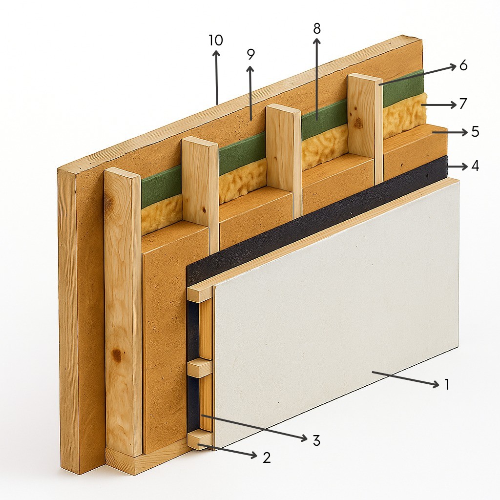 Przekrój ściany w technologii drewnianej stosowanej w budowie domy szkieletowe Głogów
